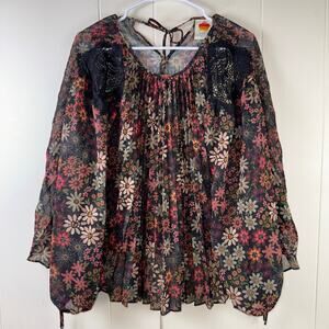 FARM Rio / Anthropologie Long Sleeve Sheer‎ Pleated Floral Print Blouse XXS. NWT